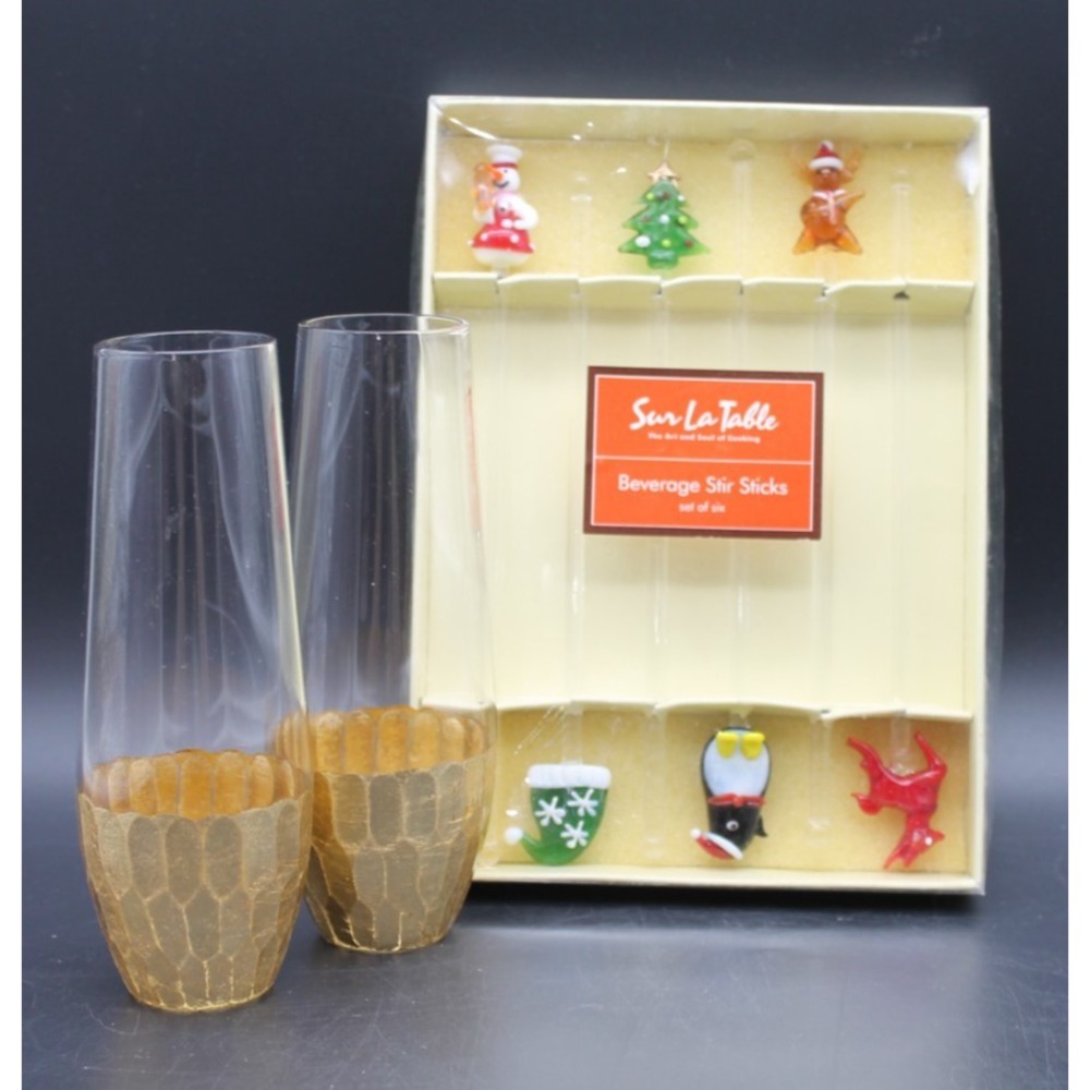 Sur La Table Christmas Beverage Stir Sticks Set of 6 NIB + 2 Gold Accent Glasses